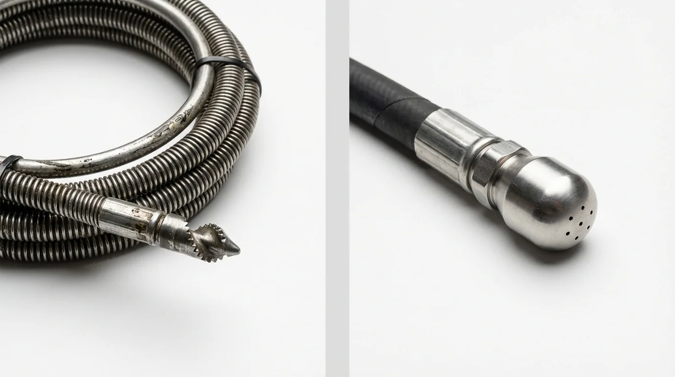 Drain snake cable and hydro jetting nozzle used for drain cleaning in Washington, IA