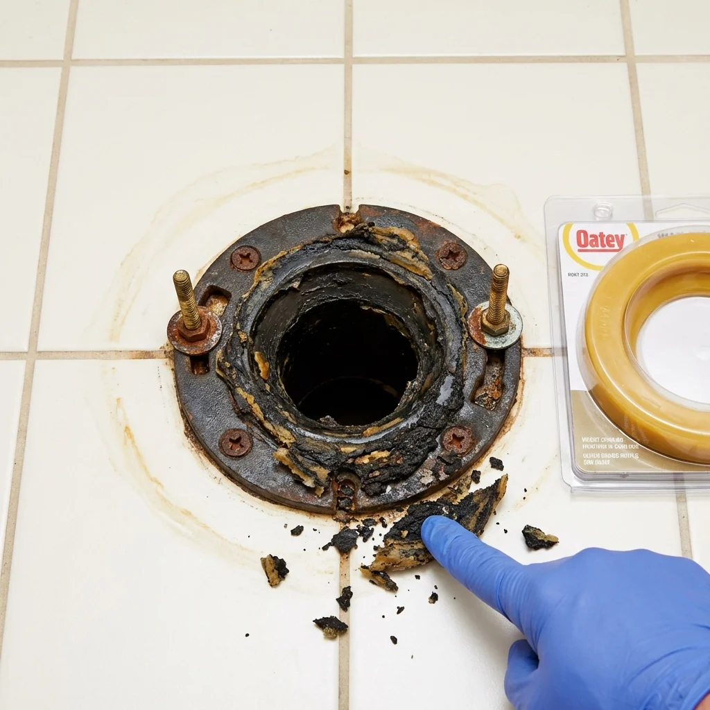 Failed wax ring showing water seepage at the base of a toilet in a Washington, IA home