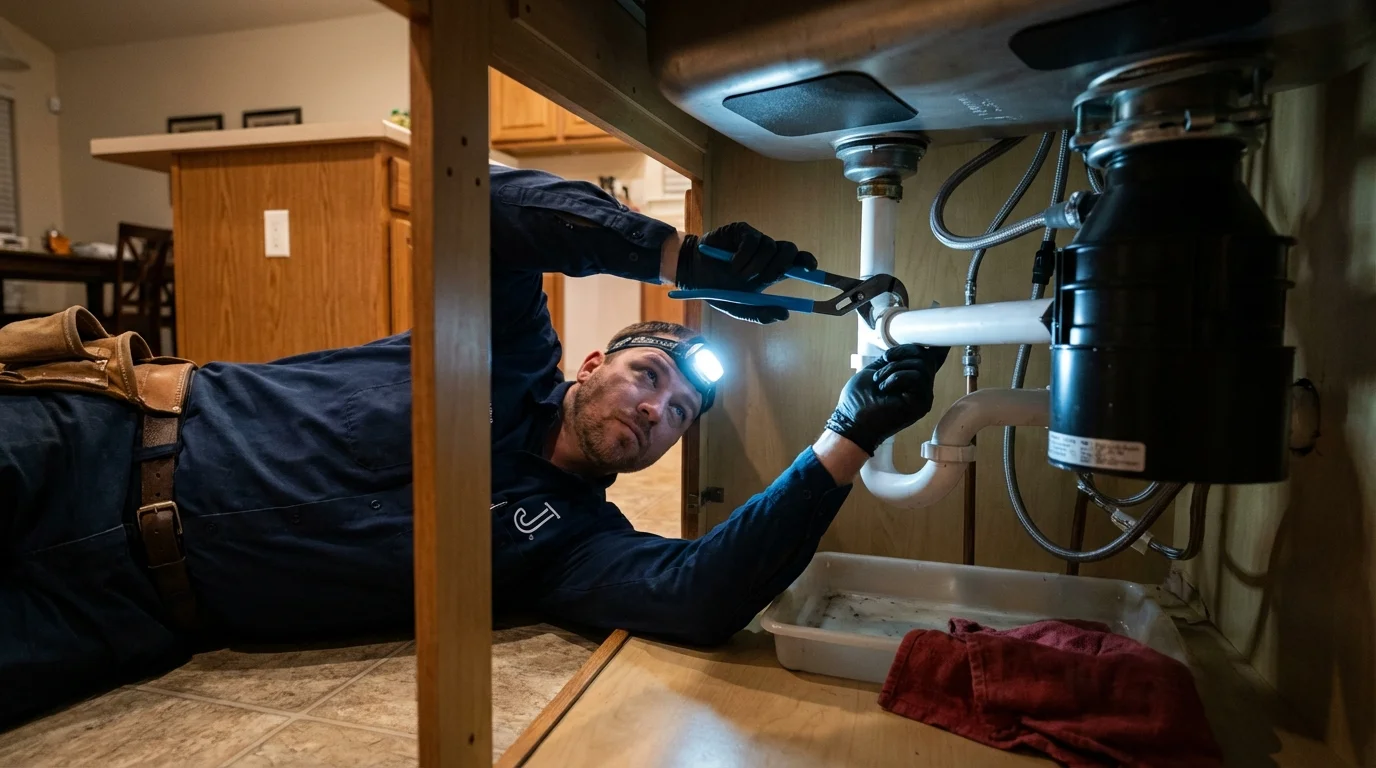 P-trap and supply line connections under a kitchen sink showing a common leak point in Washington, IA